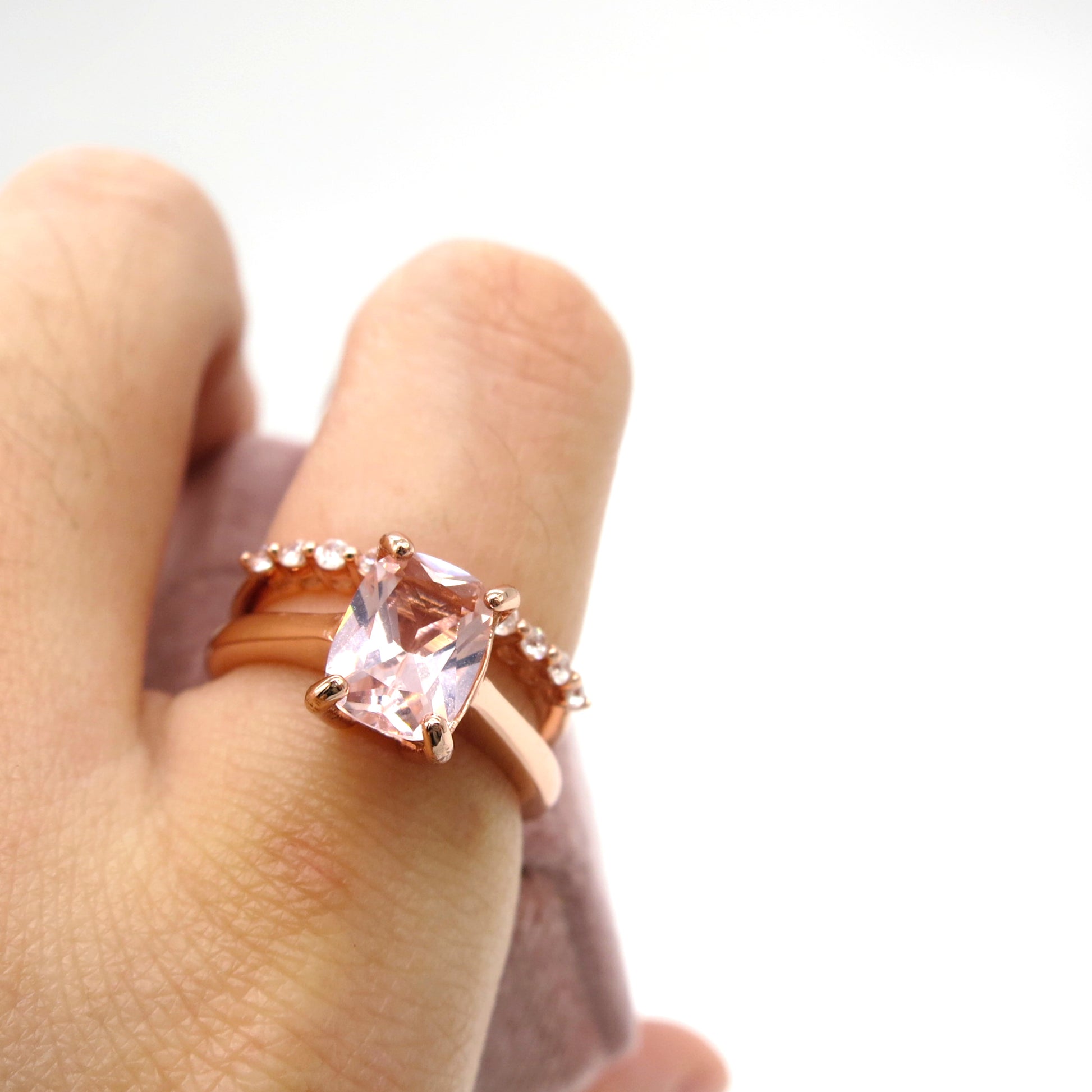 Azalea Ring Set: 2 Carat Cushion Morganite Solitaire Ring + Clear Quartz Ring - Lush and Company