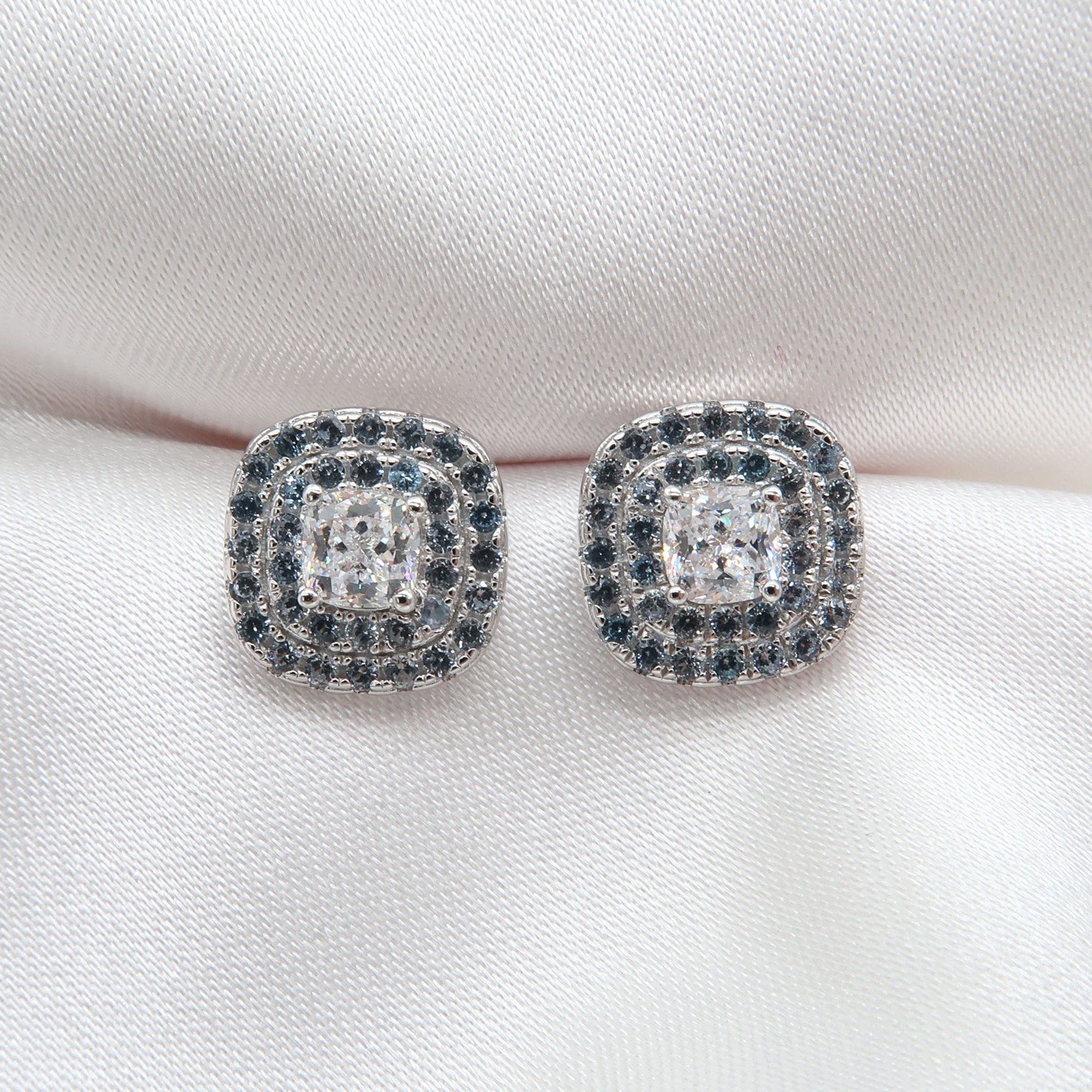 Zara: Cushion Double Halo Diamond Cluster Stud Earrings - Lush and Company