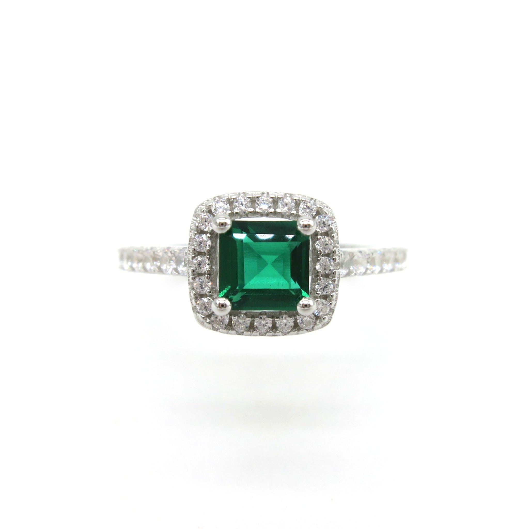 Emerald Ring 18K White Gold Halo Engagement Ring - Lush and Company