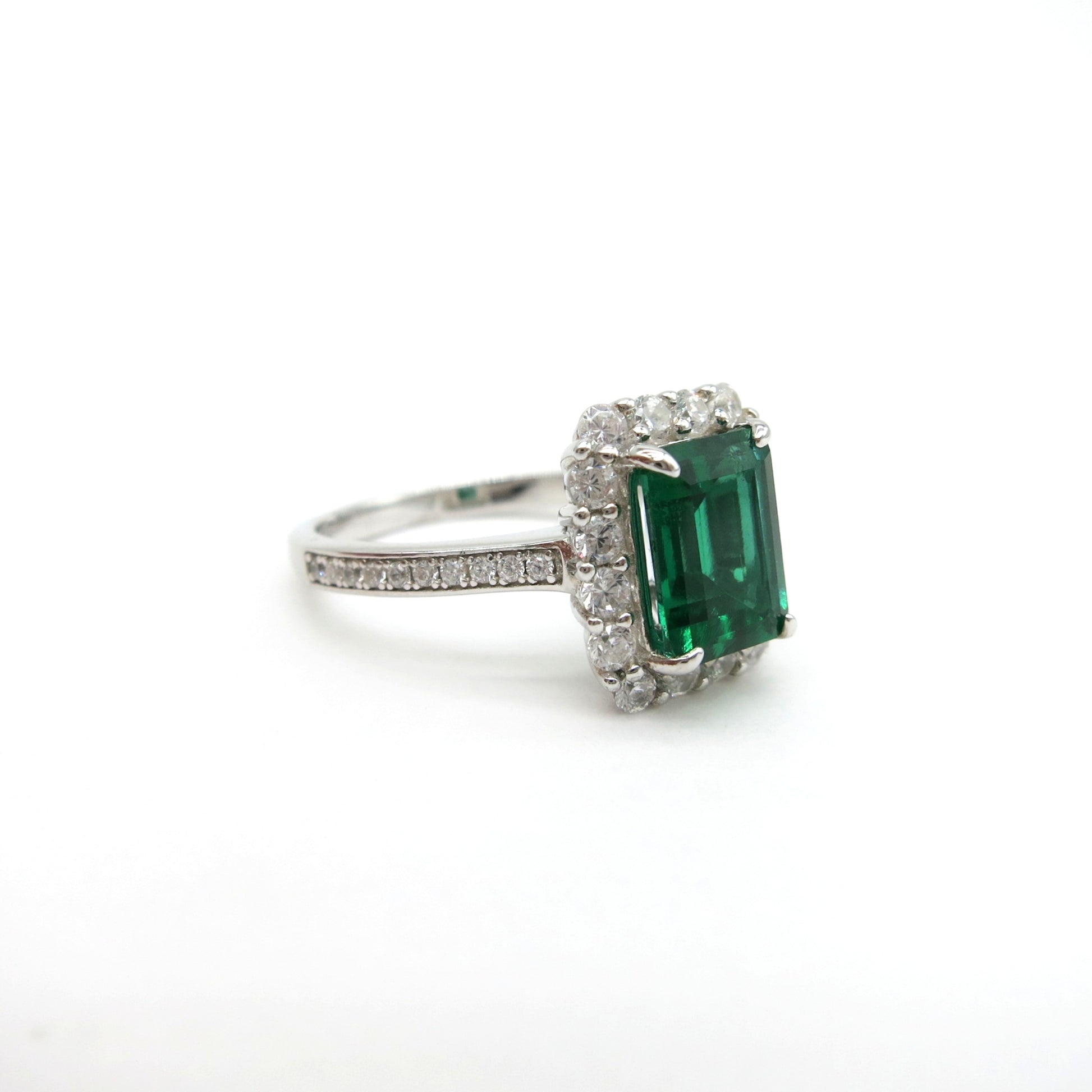 1.75 Carat Emerald Ring Halo Engagement Ring - Lush and Company