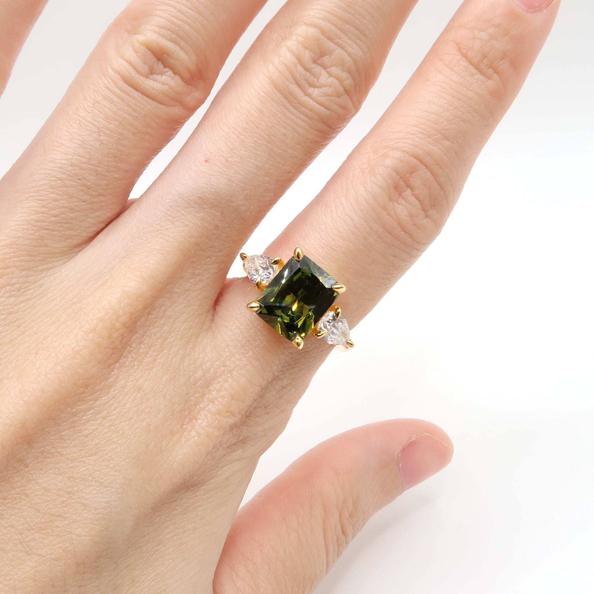 4 Carat Emerald Cut Peridot Three Stone Ring - Lush and Company