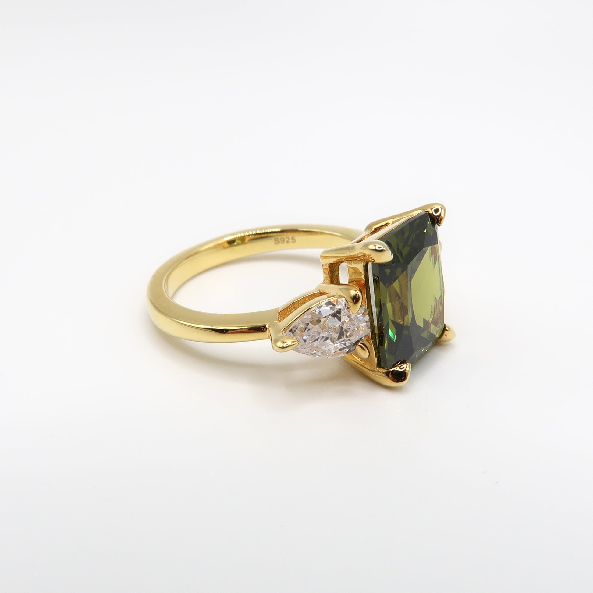 4 Carat Emerald Cut Peridot Three Stone Ring - Lush and Company