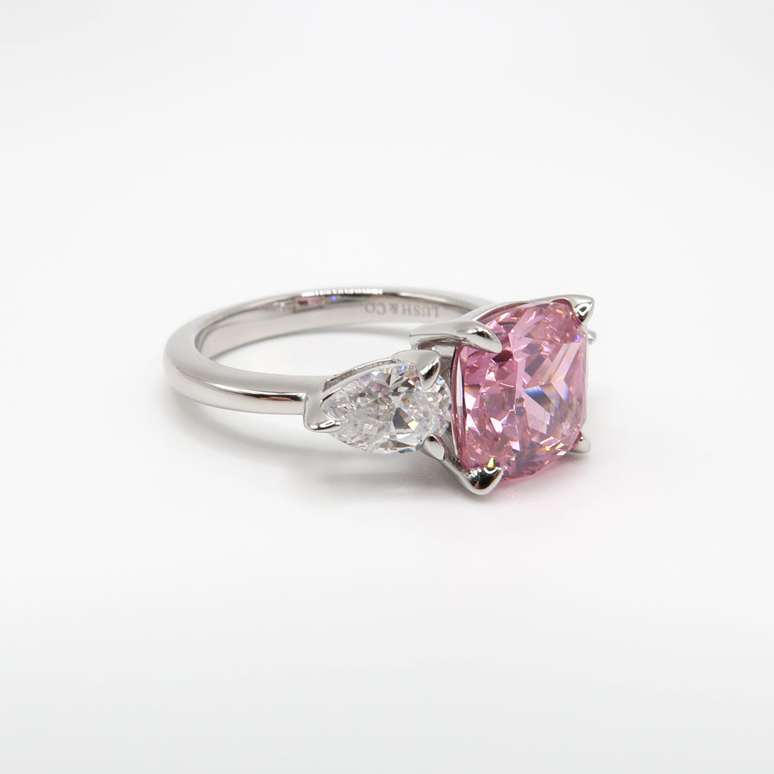 3 Carat Cushion Pink Sapphire Three Stone Ring - Lush and Company