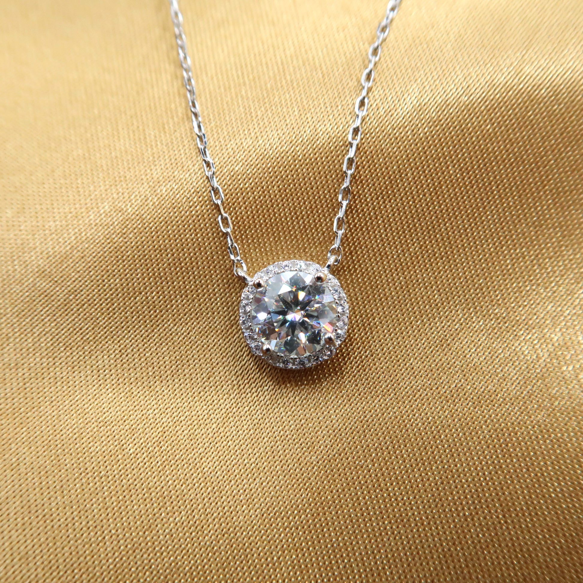 1 Carat Round Diamond in Round Halo 18K White Gold Floating Diamond Necklace - Lush and Company