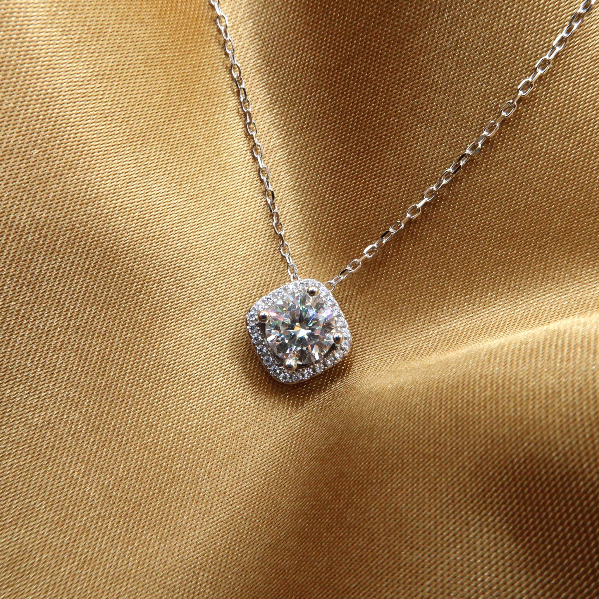 1 Carat Round Diamond in Square Halo 18K White Gold Floating Diamond Necklace - Lush and Company