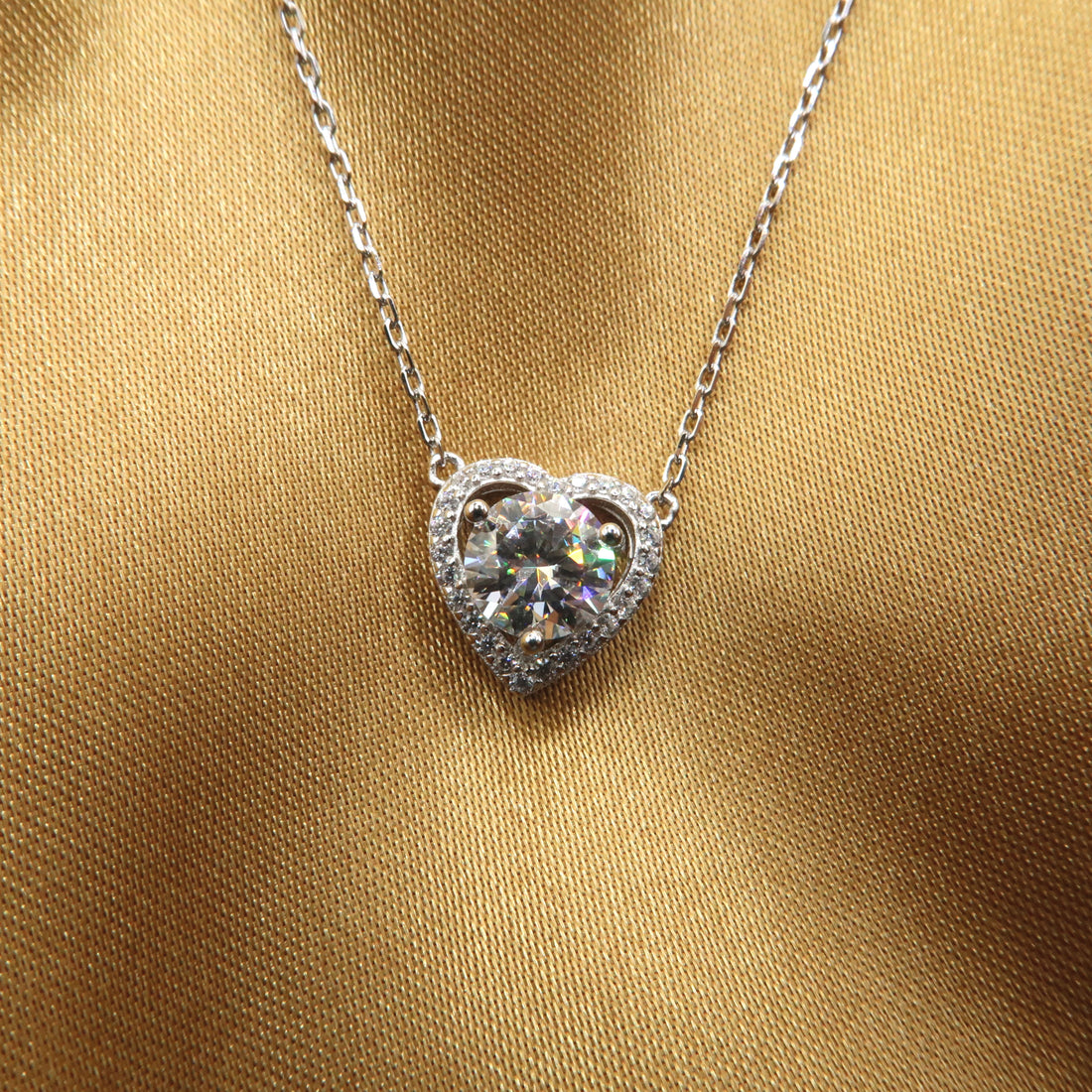 1 Carat Round Diamond in Heart Shaped Halo 18K White Gold Floating Diamond Necklace - Lush and Company