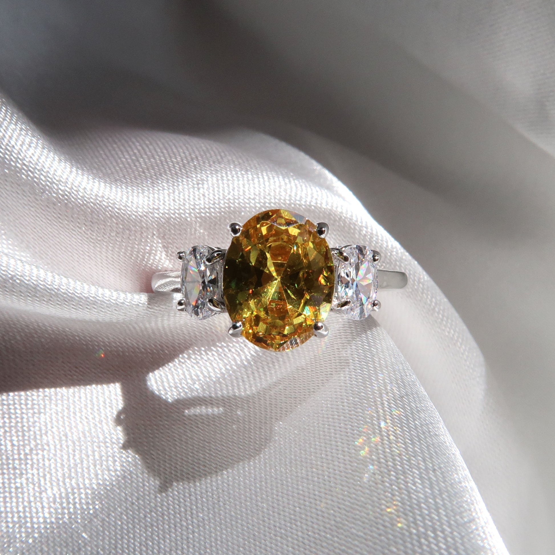 Ella Ring: 2 Carat Oval Yellow Sapphire Three Stone Ring - Lush and Company