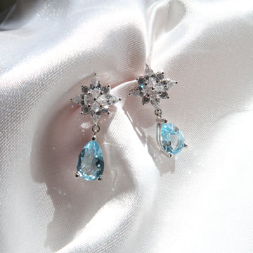 1.5 Carat Pear Blue Topaz 18K White Gold Flower Diamond Drop Earrings - Lush and Company