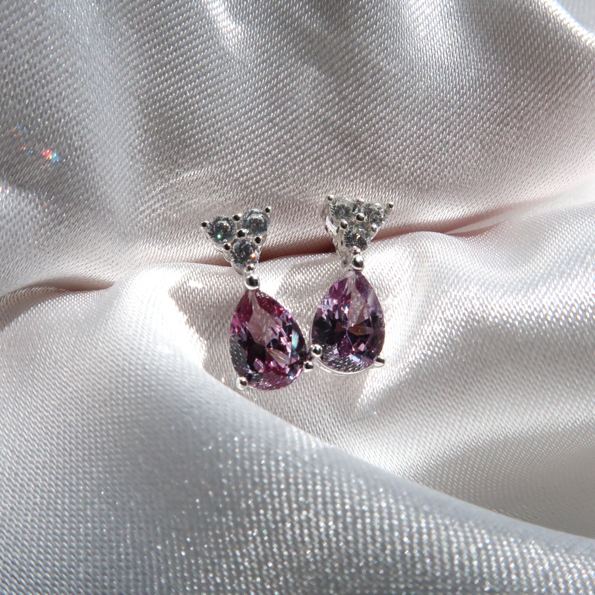 0.75 Carat Pear Alexandrite 18K White Gold Triangle Diamond Stud Earrings - Lush and Company