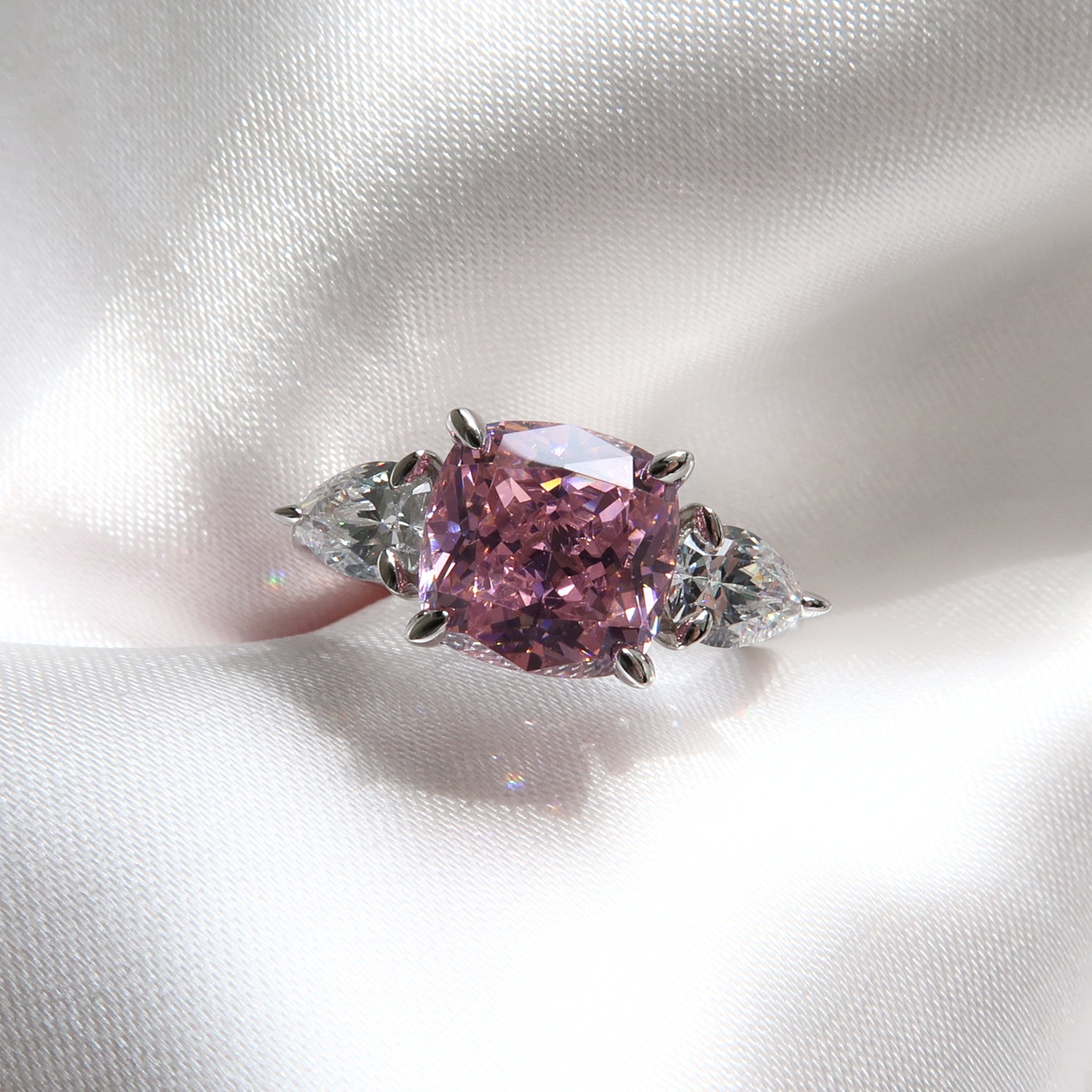 3 Carat Cushion Pink Sapphire Three Stone Ring - Lush and Company