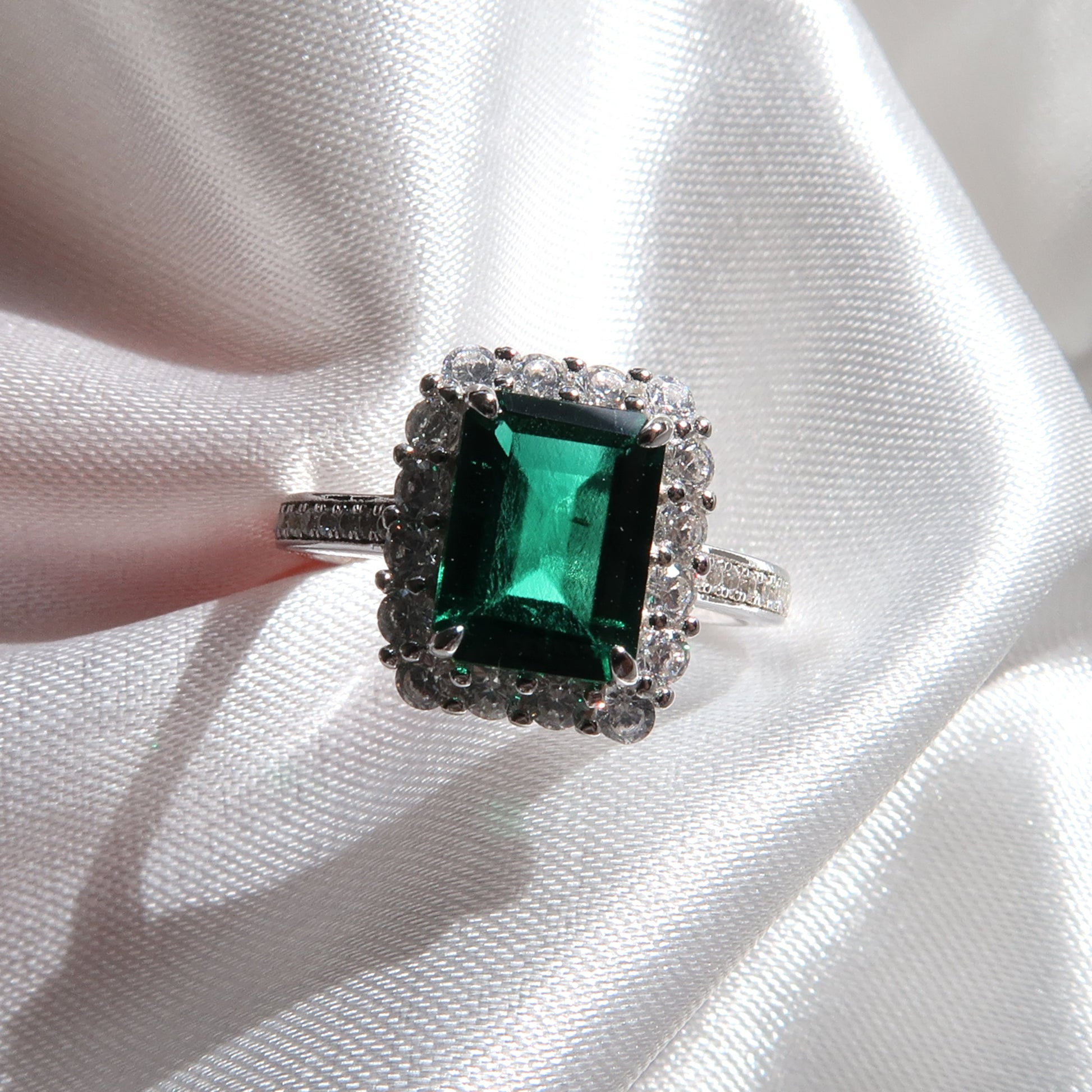 1.75 Carat Emerald Ring Halo Engagement Ring - Lush and Company