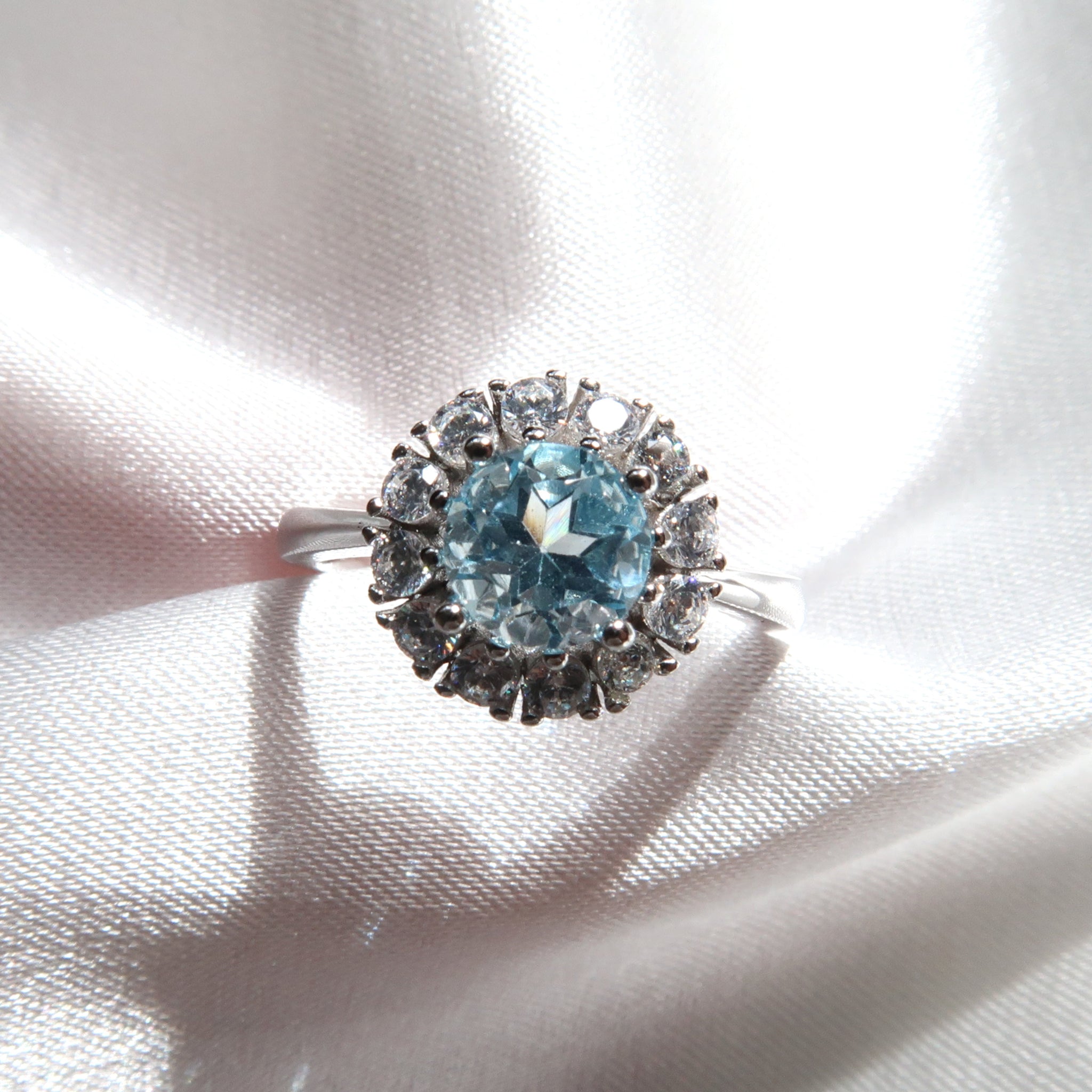 Round Blue Topaz Halo Engagement Ring - Lush and Company