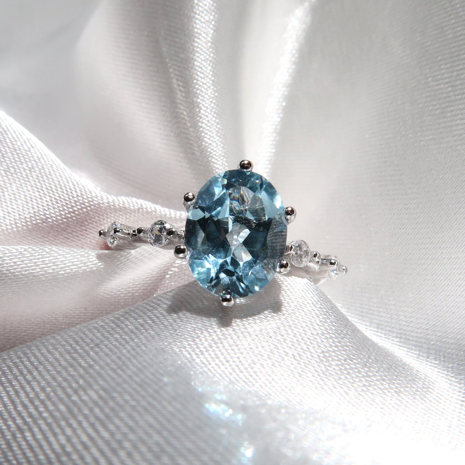 2 Carat Oval Blue Topaz Art Deco Style 18K White Gold Engagement Ring - Lush and Company