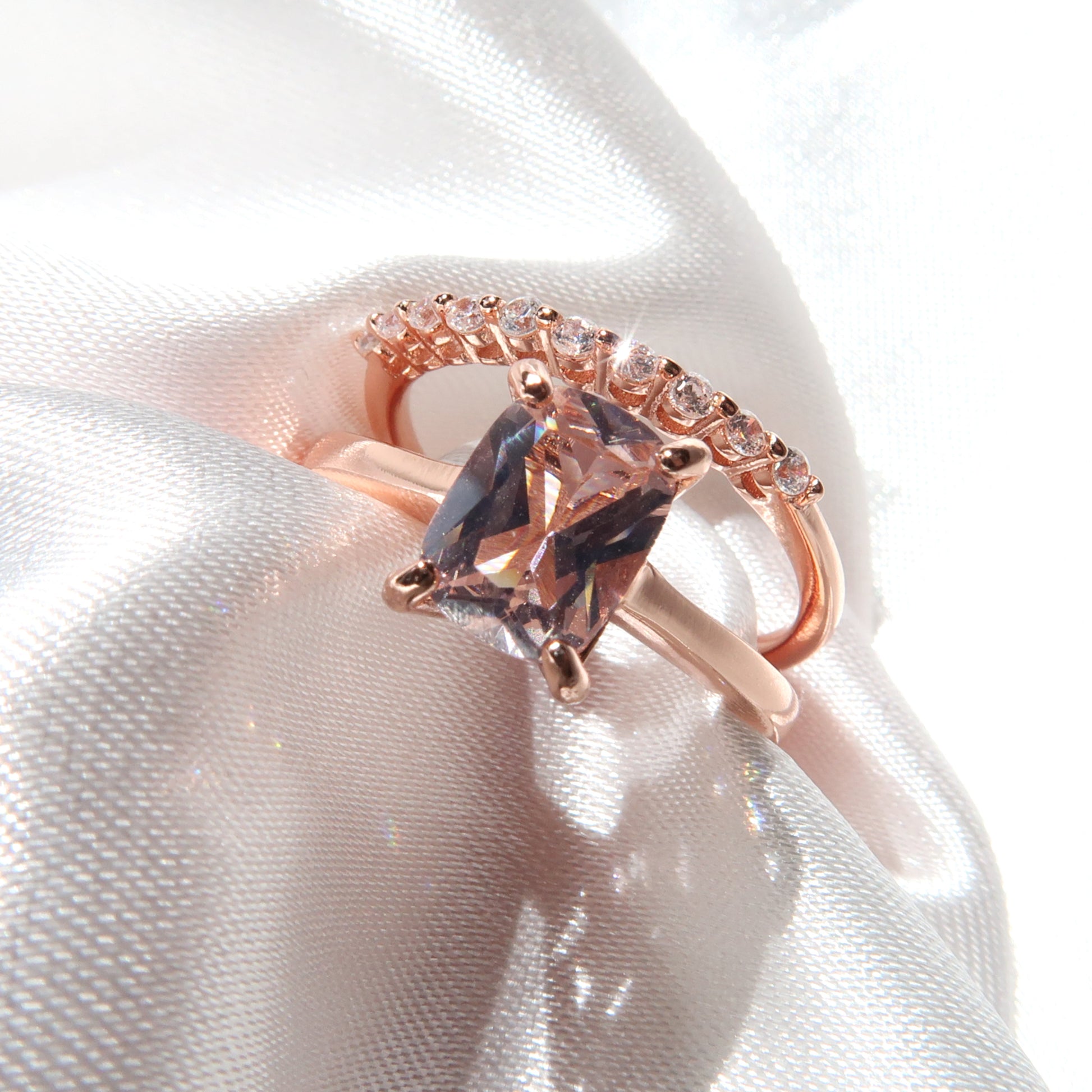 Azalea Ring Set: 2 Carat Cushion Morganite Solitaire Ring + Clear Quartz Ring - Lush and Company