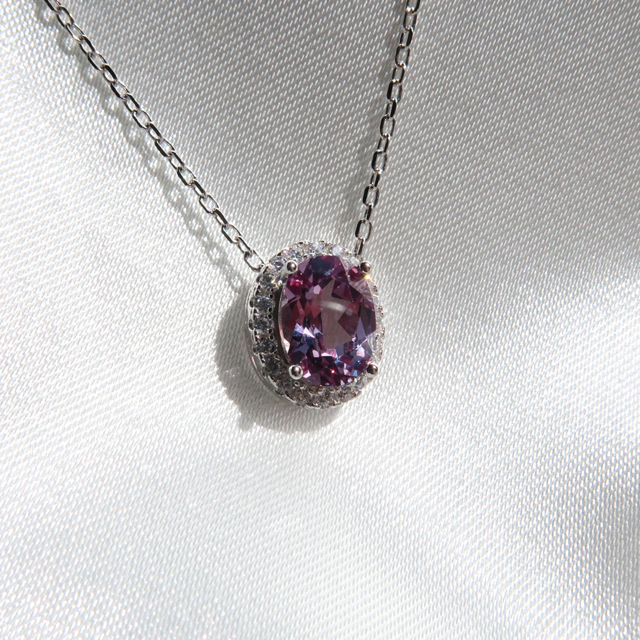 1.25 Carat Alexandrite in Oval Halo Pendant 18K White Gold Floating Diamond Necklace - Lush and Company